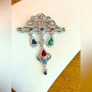 Vintage Silver Tone Multicolor Glass Dangle Brooch Victorian Revival Style